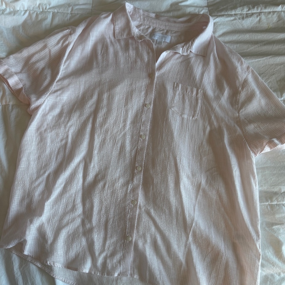 Pink and white button down short sleeve top